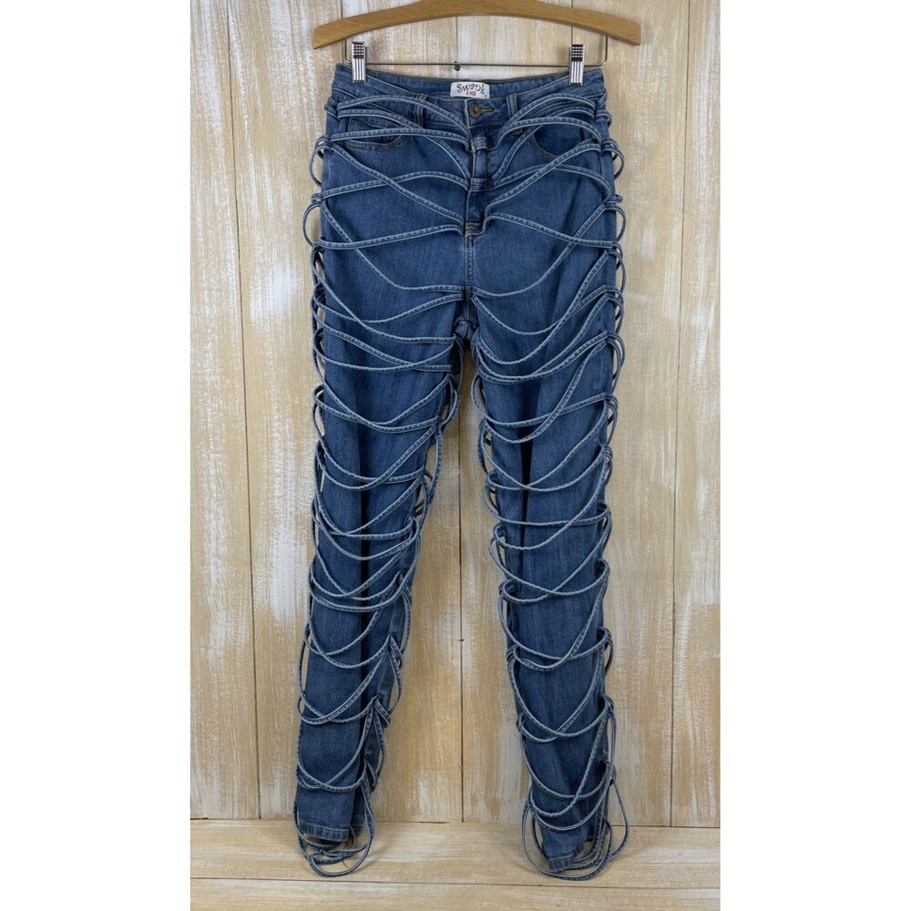 Swank a Posh Women's Size 11 Strappy Laced-up Tied Up Blue Denim Stretch Jeans